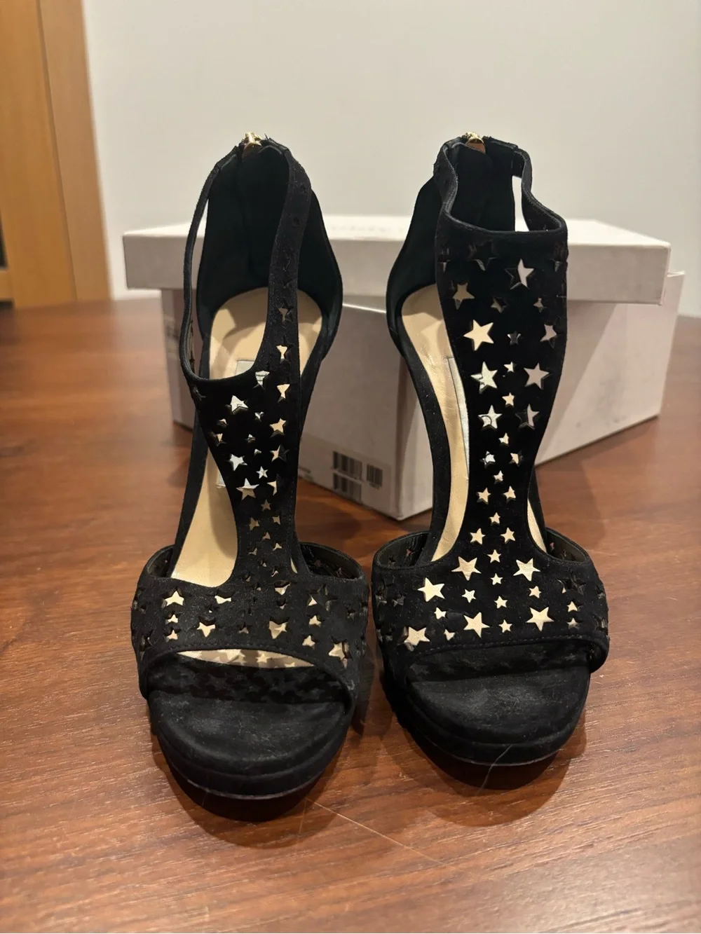 Jimmy Choo Black Star Cutout T-Strap High Heel Sandals